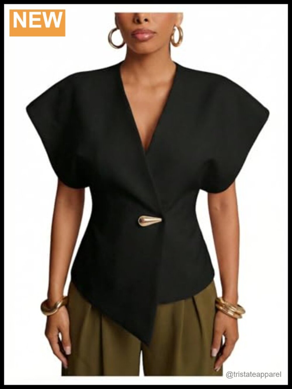 Women's V Neck Short Sleeve Button Down Blazer Top with Shoulder Pads